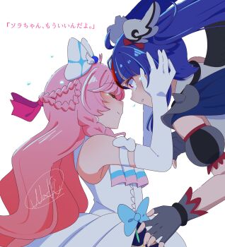 2girls absurdres ahoge arm_bow ascot bare_shoulders black_sleeves blue_bow blue_cape blue_hair blunt_bangs bow bracelet braid cape center_frills closed_mouth collared_shirt commentary_request cowboy_shot crying crying_with_eyes_open cure_prism cure_sky cure_sky_(dark) dark_persona detached_sleeves dress dress_bow elbow_gloves fingerless_gloves fingernails frilled_sleeves frills from_side gloves gradient_hair grey_gloves grey_sleeves hair_bobbles hair_bow hair_ornament hair_ribbon hands_on_another's_head heads_together heart heart-shaped_hair heart_ahoge highres hirogaru_sky!_precure jewelry light_blush long_hair multicolored_hair multiple_braids multiple_girls nijigaoka_mashiro nunununoyuyuyu orange_hair parted_lips pink_eyes pink_hair pink_ribbon plaid_bow pleated_dress pointy_nose precure puffy_short_sleeves puffy_sleeves red_bow red_hair ribbon sad sad_smile shirt short_sleeves shoulder_spikes side_braids side_cape signature simple_background single_bare_shoulder single_shoulder_pad sleeveless sleeveless_dress sleeveless_shirt sora_harewataru spikes streaked_hair teardrop tears translation_request twin_braids two-tone_hair two-tone_sleeves upper_body very_long_hair wavy_hair white_ascot white_background white_bow white_dress white_gloves white_shirt wide-eyed wing_hair_ornament yuri