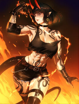 1girl abs arm_up armpits artist_name bare_shoulders belt biceps black_choker black_gloves black_hair black_shirt black_shorts black_thighhighs body_markings breasts brown_belt chain choker commentary commission cowboy_shot crop_top cutoffs demon_girl demon_horns demon_tail denim denim_shorts earrings english_commentary fire gloves hand_up hexagram highres horns jewelry large_breasts legs_together legwear_garter long_pointy_ears looking_at_viewer midriff muscular muscular_female navel o-ring o-ring_choker original parted_lips pointy_ears pyrokinesis red_eyes red_horns robusta_mania shirt short_hair short_shorts shorts sleeveless sleeveless_shirt slit_pupils solo standing strap_slip tail thighhighs