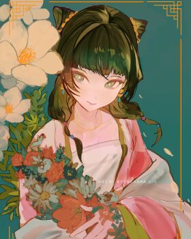 1girl artist_name beads blunt_bangs bouquet closed_mouth cone_hair_bun double_bun dress earrings flower green_background green_eyes green_hair hair_beads hair_bun hair_ornament hair_over_shoulder half_updo highres holding holding_bouquet jacket jewelry kusuriya_no_hitorigoto kyoukaraa light_smile maomao_(kusuriya_no_hitorigoto) pink_jacket red_flower solo upper_body white_dress white_flower