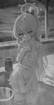 1girl absurdres arm_at_side arm_support blue_archive bow bucket choko_(cup) covering_breasts covering_privates cup greyscale hair_between_eyes hair_bow halo hand_up highres kerno long_bangs long_hair looking_at_viewer miyako_(blue_archive) monochrome nude_cover outdoors parted_lips ponytail solo tokkuri toothbrush towel very_long_hair wading water water_drop wavy_mouth wet wet_hair