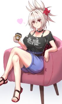 1girl absurdres artist_name ayakashi_triangle bare_shoulders big_kapipara blush breasts cleavage coffee coffee_pot collar collarbone commission crossed_legs feet genderswap genderswap_(mtf) hair_between_eyes hair_ornament heart highres holding_coffee_pot kazamaki_matsuri kazamaki_matsuri_(female) large_breasts legs off-shoulder_shirt off_shoulder pixiv_commission red_eyes sandals shirt shorts signature simple_background sitting smile solo strap t-shirt thighs toes white_background white_hair
