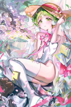 1girl absurdres android ass boots breasts eraser expressionless flower green_eyes green_hair hashtag-only_commentary hat highres leotard looking_at_viewer multi_(to_heart) multiple_views notebook parted_lips petals ppru ribbon robot_ears science_fiction short_hair small_breasts thigh_boots to_heart to_heart_(series) white_leotard