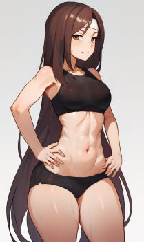1girl abs altena_(fire_emblem) black_shorts black_sports_bra breasts brown_eyes brown_hair closed_mouth commentary commission cowboy_shot english_commentary fire_emblem fire_emblem:_thracia_776 hands_on_own_hips headband highres long_hair looking_at_viewer medium_breasts micro_shorts navel nintendo pixiv_commission shorts simple_background smile solo split_mouth sports_bra standing sweat toned toned_female very_long_hair white_background white_headband zoryc