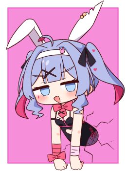 1girl :d ahoge animal_ears black_leotard black_ribbon blue_eyes blue_hair blush border bow bowtie breasts chibi commentary_request crack empty_eyes fake_animal_ears hair_ornament hair_ribbon hairband hana_kazari hatsune_miku heart highres leotard looking_at_viewer multicolored_hair open_mouth pantyhose pink_background pink_bow pink_hair playboy_bunny rabbit_ears rabbit_hole_(vocaloid) ribbon small_breasts smile solo twintails two-tone_hair upper_body v-shaped_eyebrows vocaloid white_border white_hairband x_hair_ornament