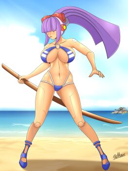 1girl absurdres android bikini breasts dark-skinned_female dark_skin hair_over_eyes highres large_breasts layer_(mega_man) long_hair mausartist mega_man_(series) mega_man_x_(series) mole mole_under_eye navel purple_hair robot swimsuit thighs