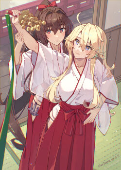 2girls anchor bell blonde_hair blue_eyes breasts brown_hair commentary_request hair_between_eyes hakama hakama_skirt highres himeyamato huge_breasts iowa_(kancolle) japanese_clothes jingle_bell kagura_suzu kantai_collection kimono long_hair miko multiple_girls ponytail red_eyes red_hakama side_slit skirt star-shaped_pupils star_(symbol) symbol-shaped_pupils very_long_hair white_kimono yamato_(kancolle)