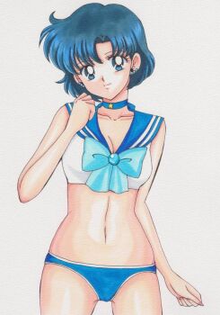 1girl bishoujo_senshi_sailor_moon blue_bow blue_eyes blue_hair blue_panties bow bra breasts brooch cameltoe choker cleavage collarbone earrings jewelry looking_at_viewer magical_girl medium_breasts mizuno_ami momohiyaltuko0124 navel nekito panties rascal_(n119) sailor_mercury sailor_moon_narikiri_bra_set sailor_senshi_uniform short_hair smile standing star_(symbol) star_choker underwear white_background white_bra