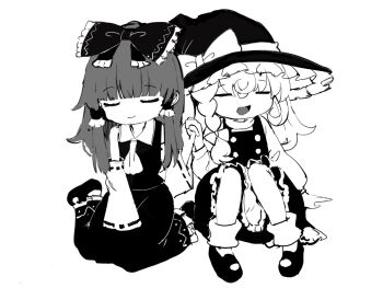 2girls apron ascot bow braid closed_eyes closed_mouth commentary detached_sleeves frilled_bow frilled_hair_tubes frilled_skirt frills greyscale hair_bow hair_tubes hakurei_reimu hat hat_bow highres kirisame_marisa long_hair long_sleeves mary_janes monochrome multiple_girls open_mouth ribbon-trimmed_sleeves ribbon_trim shoes side_braid single_braid sitting skirt smile socks touhou tungsten_mochoo vest waist_apron witch_hat yuri