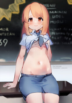1girl artist_name blue_necktie blue_skirt blurry blurry_background blush breasts brown_eyes chalkboard classroom closed_mouth clothes_lift collared_shirt desk english_text highres indoors kani_fish lifting_own_clothes long_hair looking_at_viewer midriff miniskirt navel necktie on_desk orange_hair original pencil_skirt shirt shirt_lift short_sleeves sitting skirt small_breasts smile solo stomach sweat white_shirt