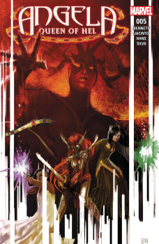 4girls angela_(marvel) armor armored_boots artist_name black_hair boots braid breastplate character_name comic_cover company_name copyright_logo copyright_name cover cover_page dark-skinned_female dark_skin dress english_text eye_trail facepaint fake_horns gloves gold_trim green_dress grey_armor grey_boots hair_bun hela_(marvel) highres holding holding_sword holding_weapon horned_headwear horns leah_of_hel light_trail logo long_hair looking_at_viewer magic marvel multiple_girls no_pupils official_art orange_hair pauldrons reaching reaching_towards_viewer red_hair red_sash sash sera_(marvel) shoulder_armor spiked_headband stephanie_hans sword thor_(marvel)_(series) very_long_hair weapon western_comics_(style) white_dress white_eyes wife_and_wife