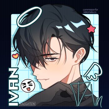 Rule 34 | 1boy, alien stage, artist name, black eyes, black gloves, black hair, black shirt, character name, character signature, closed mouth, commentary, commission, drawn halo, english commentary, fang, fang out, gloves, halo, heart, ivan (alien stage), male focus, portrait, red pupils, shirt, short hair, signature, solo, star (symbol), turtleneck, turtleneck shirt, very short hair, xnighten