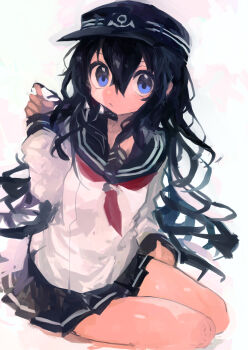 1girl absurdres akatsuki_(kancolle) anchor_symbol black_hair black_hat black_sailor_collar black_skirt blue_eyes closed_mouth commentary flat_cap hair_between_eyes hat highres kaamin_(mariarose753) kantai_collection long_hair long_sleeves looking_at_viewer neckerchief pleated_skirt red_neckerchief sailor_collar school_uniform serafuku simple_background sitting skirt solo very_long_hair white_background