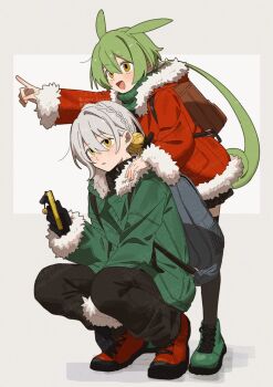 Rule 34 | 1boy, 1girl, :d, backpack, bag, bell, black gloves, black pants, black skirt, black thighhighs, coat, commentary, corn kuten, double-parted bangs, full body, fur-trimmed coat, fur-trimmed sleeves, fur trim, gloves, green hair, green jacket, green shoes, grey background, grey hair, hair bell, hair between eyes, hair ornament, iori yuzuru, jacket, long hair, long sleeves, miniskirt, open mouth, outstretched arm, pants, parted lips, pleated skirt, pointing, red coat, red shoes, shoes, short hair, skirt, smile, sneakers, standing, thighhighs, voiceroid, voicevox, yellow eyes, zundamon