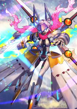 Rule 34 | absurdres, artoria pendragon (fate), commentary request, fate/grand order, fate (series), flying, glowing, glowing eyes, highres, mecha, mecha musume, mecha on girl, mechabare, mechanical arms, mechanical boots, mechanical legs, mechanical skirt, mechanical wings, mysterious heroine xx (fate), mysterious heroine xx (first ascension) (fate), nakamura eight, pink scarf, pointy footwear, rhongomyniad (fate), robot, scarf, single mechanical arm, solo, twinmyniad (fate), weapon, wings