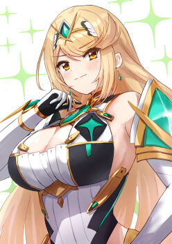 1girl bare_shoulders blonde_hair blush breasts chest_jewel cleavage commentary_request earrings eyes_visible_through_hair gloves highres jewelry large_breasts long_hair looking_at_viewer mythra_(xenoblade) nowa2109 smile solo star_(symbol) star_symbol_background swept_bangs tiara upper_body xenoblade_chronicles_(series) xenoblade_chronicles_2 yellow_eyes