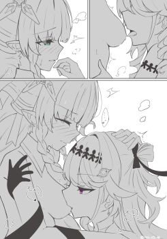 bare_shoulders blush braid braided_sidelocks breast_sucking commentary denia_(wuthering_waves) green_eyes hair_ribbon highres multiple_girls ribbon shadow_hands sidelocks sigrika_(wuthering_waves) untranslatable_commentary veil wuthering_waves yuri zero_3b