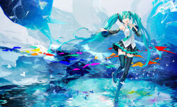Rule 34 | 1girl, absurdres, aqua eyes, aqua hair, boots, bug, butterfly, detached sleeves, full body, hand on own chest, hand up, hatsune miku, hatsune miku happy 16th birthday -dear creators-, headset, highres, insect, long hair, looking at viewer, miniskirt, necktie, official art, open mouth, redjuice, skirt, solo, standing, standing on one leg, thigh boots, thighhighs, twintails, very long hair, vocaloid, zettai ryouiki