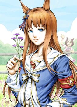 Rule 34 | 2girls, animal ears, armband, blue eyes, blue jacket, blue sky, bow, brown hair, closed mouth, cloud, collarbone, cropped jacket, dress, ear bow, ear ornament, ear ribbon, flower, grass wonder (stone-piercing blue) (umamusume), grass wonder (umamusume), holding, holding flower, horse ears, horse girl, jacket, karn kirk ratanasin, long hair, long sleeves, looking at viewer, multicolored hair, multiple girls, open mouth, outdoors, purple bow, purple eyes, red armband, sailor collar, shirt, short hair, short sleeves, skirt, sky, smile, special week (special dreamer) (umamusume), special week (umamusume), two-tone hair, umamusume, vest, waving, white dress, white hair, white jacket, white sailor collar, white skirt, wristband