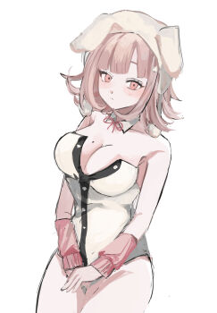 1girl a-ru_(r_dngn) animal_ears animal_hood bare_shoulders blush breasts brown_hair cleavage commentary_request cowboy_shot danganronpa_(series) danganronpa_2:_goodbye_despair fake_animal_ears highres hood large_breasts leotard medium_hair mole mole_on_breast nanami_chiaki official_alternate_costume pink_eyes playboy_bunny rabbit_hood simple_background solo white_background white_leotard