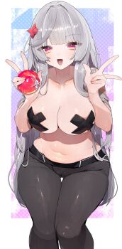 1girl :d absurdres alternate_breast_size_(larger) alternate_eye_color bare_shoulders belly belt black_belt black_pants blush breasts collarbone commentary commission commissioner_upload cross cross_pasties english_commentary flower gluteal_fold gradient_background grey_hair hair_between_eyes hair_flower hair_ornament highres holding holding_orb large_breasts long_hair looking_at_viewer lowleg lowleg_pants maxine_poshon navel open_mouth orb original pants pasties purple_eyes red_flower simple_background skeb_commission smile solo standing stomach tamukoro thigh_gap topless_female v very_long_hair