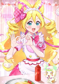 Rule 34 | 1girl, absurdres, arm warmers, azuma rui, bare shoulders, beads, blonde hair, blue eyes, blush, bow, bow-shaped hair, bow choker, choker, collarbone, commentary request, crop top, cure idol, drill hair, earrings, four-finger heart hands, hair beads, hair between eyes, hair ornament, hair ribbon, hairband, headset, heart, heart earrings, heart hair ornament, heart hands, highres, idol, idol clothes, idol heart brooch (precure), idol heart incom, jewelry, kimi to idol precure, long hair, looking at viewer, magical girl, multicolored hair, multiple earrings, open mouth, pink bow, pink hair, pink nails, pink ribbon, pink shirt, plaid bow, precure, puffy short sleeves, puffy sleeves, purirun (fairy) (precure), ribbon, sakura uta (precure), scrunchie, shirt, shirt bow, short sleeves, smile, stomach, streaked hair, teeth, twintails, two-tone hair, upper teeth only, white hairband