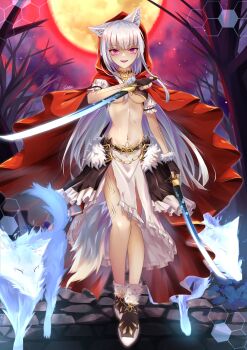 1girl absurdres animal_ears bare_legs bare_tree bemani black_gloves blunt_bangs boots breasts cape capelet chain choker cloak crop_top crossed_legs dual_wielding electricity facial_mark fang fangs fingerless_gloves fingernails frilled_sleeves frills full_body full_moon fur-trimmed_boots fur-trimmed_gloves fur_trim gloves gold_trim hexagon highres holding holding_sword holding_weapon hood hood_up hooded_cape hooded_cloak katana keyhole kureha_(666)_(sound_voltex) kureha_(sound_voltex) lightning long_fingernails long_hair medium_breasts midriff moon navel open_mouth oukei path pink_eyes red_capelet red_hood road sharp_fingernails short_sleeves signature solo sound_voltex spirit sword thighs tree underboob underwear weapon white_hair wings wolf wolf_ears