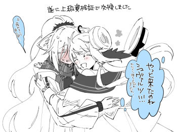 Rule 34 | 2girls, :d, \||/, arknights, artist name, blush, ceylon (arknights), citron80citron, closed mouth, commentary request, cowl, full-face blush, gloves, hair bun, hat, hug, jacket, long hair, multiple girls, mutual hug, open mouth, partially colored, ponytail, scar, schwarz (arknights), smile, speech bubble, sweat, thought bubble, translation request, unworn hat, unworn headwear, white background