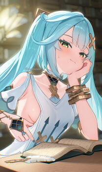 1girl aqua_hair armpit_crease armpit_cutout arrow_print blue_nails blush book bracelet breasts closed_mouth clothing_cutout collarbone dress ewaaawa faruzan_(genshin_impact) genshin_impact hair_ornament hand_on_own_cheek hand_on_own_face highres jewelry long_hair medium_breasts quill sideboob sleeveless sleeveless_dress smile solo symbol-shaped_pupils triangle-shaped_pupils twintails very_long_hair white_dress x_hair_ornament