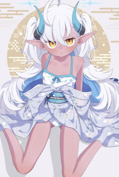 1girl absurdres blue_archive commentary_request dark-skinned_female dark_skin halo highres horns japanese_clothes kimono long_hair looking_at_viewer pointy_ears sitting solo sumomo_(blue_archive) take_mawile white_hair