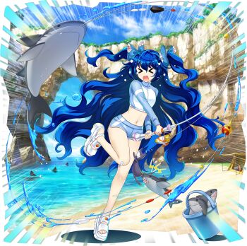 >_< 1girl absurdly_long_hair alternate_costume alternate_hairstyle bandaid bandaid_on_leg beach blue_bow blue_hair blue_shorts bow bucket closed_eyes facing_viewer fishing fishing_rod full_body game_cg hair_bow highres holding holding_fishing_rod leg_up long_hair long_sleeves midriff navel ocean official_art open_mouth outdoors rotte_(1109) sand sandals shark shorts simple_background solo standing standing_on_one_leg tears tent thighs third-party_source toes touhou touhou_lostword transparent_background very_long_hair water wavy_hair white_sandals yorigami_shion yorigami_shion_(somewhat_successful_big_sister)