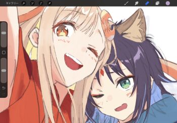 2girls :s animal_ears blonde_hair blue_jacket blush brown_eyes camera_view cellphone cho_kaguya-hime! commentary crescent crescent_hair_ornament fang forehead_jewel fox_ears fox_girl green_eyes hair_ornament highres hiiragii_(hiiragi_0404) jacket kaguya_(cho_kaguya-hime!) kemonomimi_mode long_hair looking_at_viewer medium_hair multiple_girls one_eye_closed open_mouth phone purple_hair rabbit_ears raised_inner_eyebrows red_shirt sakayori_iroha selfie shirt simple_background skin_fang smartphone smile swept_bangs taking_picture teeth translated upper_body upper_teeth_only user_interface very_long_ears white_background