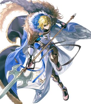 Rule 34 | 1boy, attack, black gloves, blonde hair, blue cape, bodysuit, cape, capelet, dimitri alexandre blaiddyd, dimitri alexandre blaiddyd (king of faerghus), dimitri alexandre blaiddyd (king of faerghus) (resplendent), dimitri alexandre blaiddyd (timeskip), eyepatch, fingerless gloves, fire emblem, fire emblem: three houses, fire emblem heroes, gladiator sandals, gloves, gold trim, highres, holding, holding polearm, holding weapon, nintendo, non-web source, official alternate costume, official art, polearm, robe, sandals, solo, two-sided cape, two-sided fabric, v-shaped eyebrows, weapon, white capelet, white robe