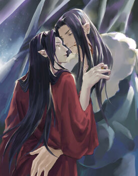 Rule 34 | 2boys, black hair, blood, blood on face, brothers, elf, face-to-face, feanor, fingolfin, gem, hand on another's ass, jewelry, long hair, male focus, multiple boys, parted bangs, pointy ears, profile, red robe, ring, robe, siblings, the silmarillion, tolkien's legendarium, yaoi, yinque