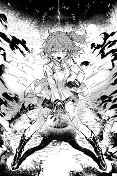 1girl bike_shorts boots breasts clenched_hand command_spell commentary_request dress fate/grand_order fate_(series) floating_clothes floating_hair fujimaru_ritsuka_(female) fujimaru_ritsuka_(female)_(decisive_battle_chaldea_uniform) full_body gloves greyscale hair_between_eyes hair_ornament highres lolvivianli long_sleeves looking_at_viewer medium_breasts monochrome open_mouth shadow short_hair side_ponytail solo standing star_(symbol) teeth v-shaped_eyebrows