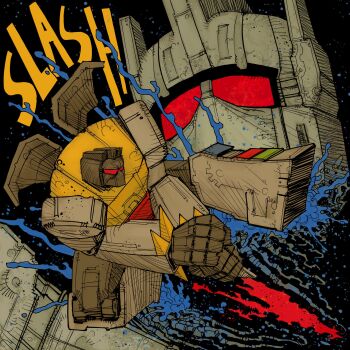 Rule 34 | 2boys, armor, assault visor, autobot, azoinab, battle, blood, blue blood, bruticus, commission, decapitation, decepticon, full body, grey armor, grimlock, highres, mecha, mecha focus, multicolored armor, multiple boys, red eyes, red visor, robot, robot boy, sound effects, transformers, transformers: generation 1, yellow armor