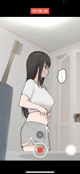 ... 1girl absurdres bathroom black_hair breasts clothes_lift dolphin_shorts drawstring embarrassed faucet female_focus grey_shorts highres indoors long_hair looking_to_the_side midriff navel older_sister original paid_reward_available phone recording samidare_(hoshi) shirt shirt_lift shorts sidelocks sink small_breasts solo standing sweatdrop timestamp toothbrush undressing variant_set viewfinder voyeur_pov voyeurism white_shirt
