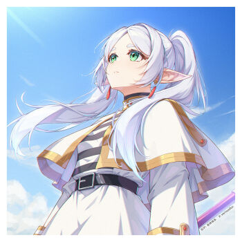 1girl artist_name belt border capelet commentary_request day earrings elf frieren ge_zhong_kuaile green_eyes high-waist_skirt highres jewelry long_hair looking_up meme parted_lips pointy_ears shirt skirt sky solo sousou_no_frieren striped_clothes striped_shirt teardrop_earrings twintails twitter_username upper_body upward_angle_frieren_drawing_(meme) white_border white_capelet white_hair white_skirt
