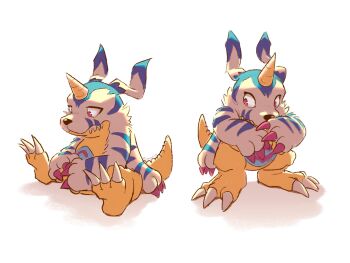 Rule 34 | claws, digimon, digimon (creature), gabumon, highres, horns, multiple views, no humans, pink eyes, simple background, single horn, sitting, white background, zeepfrag