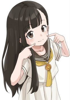 1girl black_hair black_sailor_collar blush brown_eyes closed_mouth commentary_request dress finger_to_cheek hair_around_ear henfrey14 highres long_hair looking_at_viewer make_heroine_ga_oo_sugiru! momozono_junior_high_school_uniform neckerchief nukumizu_kaju sailor_collar sailor_dress school_uniform smile solo summer_uniform white_background yellow_neckerchief
