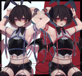 1boy :< ahoge arm_belt arm_strap armpits arms_up black_corset black_hair black_horns black_nails black_shorts black_thighhighs blue_eyes blue_garter_belt chest_harness commentary_request contrast_collar corset demon_boy demon_horns demon_wings dual_persona earrings fangs garter_belt garter_straps harness highres horns jewelry looking_at_viewer male_focus midriff navel open_mouth original red_background red_eyes red_garter_belt shirt shorts simple_background sitting thighhighs toko_(cactus_tok) two-tone_background watermark white_background white_shirt wings wrist_cuffs