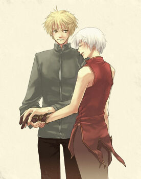 Rule 34 | 2boys, black pants, brown gloves, brown pants, closed eyes, closed mouth, commentary request, cowboy shot, dated commentary, gloves, grey background, grey shirt, knight (ragnarok online), looking at another, male focus, multiple boys, no cape, oomojiya, open mouth, pants, ragnarok online, red shirt, shirt, short hair, simple background, sleeveless, sleeveless shirt, smile, wizard (ragnarok online)