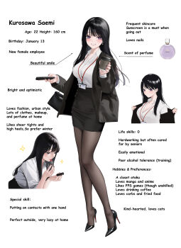 1girl abab_xiaxia alternate_language applying_lipstick applying_makeup applying_own_makeup bag black_bag black_hair black_pantyhose black_shoes black_skirt blush bottle breasts cellphone character_profile collared_shirt commentary_request cosmetics cup disposable_coffee_cup disposable_cup english_text full_body handbag high_heels highres holding holding_cup holding_lipstick_tube holding_phone id_card kurosawa_saemi_(abab_xiaxia) lanyard large_breasts lipstick lipstick_tube long_hair long_sleeves looking_at_viewer makeup multiple_views office_lady open_mouth original pantyhose pencil_skirt perfume_bottle phone pumps purple_eyes red_lips shirt shoes skirt smartphone smile teeth white_background white_shirt