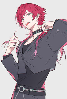 Rule 34 | anchun (quail0503), belt, belt collar, black belt, black nails, buttons, collar, cowboy shot, eyelashes, fingernails, green eyes, hair between eyes, highres, lauren iroas, long hair, long sleeves, nail polish, nijisanji, pink hair, simple background, teeth, tongue, tongue out, upper teeth only, white background