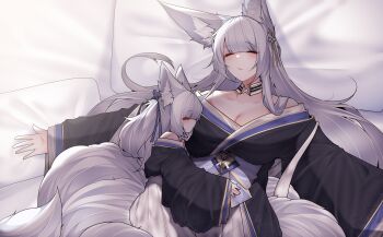 2girls absurdres animal_ear_fluff animal_ears azur_lane breasts cleavage closed_eyes commentary_request dated_commentary fox_ears fox_girl fox_tail highres japanese_clothes kimono kitsune large_breasts long_hair lying multiple_girls multiple_tails samip shinano-chan_(azur_lane) shinano_(azur_lane) sleeping tail