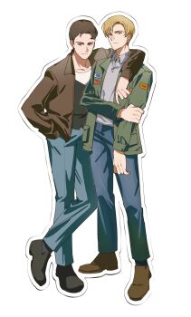 Rule 34 | 2boys, arm around shoulder, black footwear, blonde hair, blue pants, brown eyes, brown footwear, brown hair, brown jacket, closed mouth, green jacket, haejeo1008, hand in pocket, harry mason, highres, hand on own arm, jacket, james sunderland, long sleeves, looking at viewer, male focus, multiple boys, outline, pants, shirt, short hair, silent hill, silent hill (series), silent hill 2, smile, white background, white outline, white shirt, yellow eyes