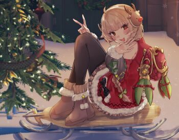 Rule 34 | 1girl, ahoge, antlers, blonde hair, braid, braided ponytail, christmas, horns, juno (overwatch), o694699, overwatch, pantyhose, sled, smile, v, waving