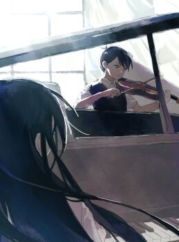 Rule 34 | 1boy, 1girl, absurdres, antenna hair, backlighting, beryllium game, black eyes, black hair, black sweater vest, bow (music), bright pupils, brother and sister, collared shirt, commentary request, curtains, dress, grand piano, highres, holding, holding bow (music), holding instrument, holding violin, indoors, instrument, long hair, mari (faraway) (omori), mari (omori), music, omori, piano, playing instrument, shirt, short hair, short sleeves, siblings, sunny (omori), sweater vest, violin, white dress, white pupils, white shirt, window