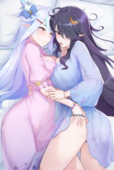 2girls absurdres ahoge alternate_costume blue_hair blunt_bangs blush bracelet breast_press breasts commentary couple covered_navel crescent curvy eda_(epic_seven) embarrassed english_commentary epic_seven from_side hair_ornament hair_over_one_eye hand_on_another&#039;s_arm hand_on_another&#039;s_ass hand_on_another&#039;s_back hand_on_another&#039;s_cheek hand_on_another&#039;s_face head_tilt heads_together highres huge_breasts indoors jewelry large_breasts long_sleeves looking_to_the_side lying messy_hair multicolored_hair multiple_girls nightgown on_bed on_side open_mouth panties parted_lips pointy_ears purple_hair red_eyes see-through_clothes shy solitaria_(epic_seven) star_(symbol) streaked_hair thick_thighs thighs underwear wavy_hair wide_sleeves yuri zesto