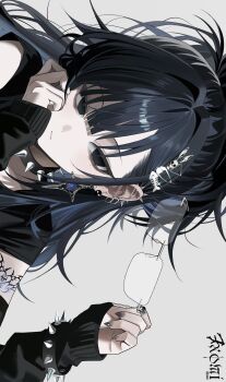 1girl absurdres black_choker black_eyes black_hair black_shirt chiromi choker closed_mouth detached_sleeves ear_piercing earrings expressionless glasses goth_fashion hair_ornament hairclip hand_up hashtag-only_commentary highres holding holding_removed_eyewear jewelry long_hair long_sleeves looking_at_viewer mole mole_under_eye original piercing ponytail shirt short_sleeves shoulder_tattoo sidelocks solo spiked_choker spikes tattoo unworn_eyewear upper_body