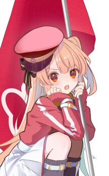 1girl :o belt black_bow black_socks blush bow feet_out_of_frame flag grey_socks hands_up hat highres holding holding_flag jacket kneehighs long_hair long_sleeves looking_at_viewer loose_socks nail_polish natori_sana official_alternate_costume one_side_up open_mouth peaked_cap pink_hat pink_nails pleated_skirt puffy_long_sleeves puffy_sleeves red_eyes red_hat red_jacket sana_channel shirt shuuha_arutsu simple_background skirt sleeves_past_wrists socks solo squatting tilted_headwear v-shaped_eyebrows very_long_hair white_background white_belt white_skirt